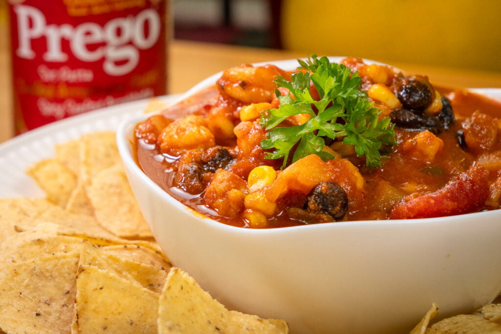 GRILLED SHRIMP ARRABBIATA SALSA WITH NACHOS